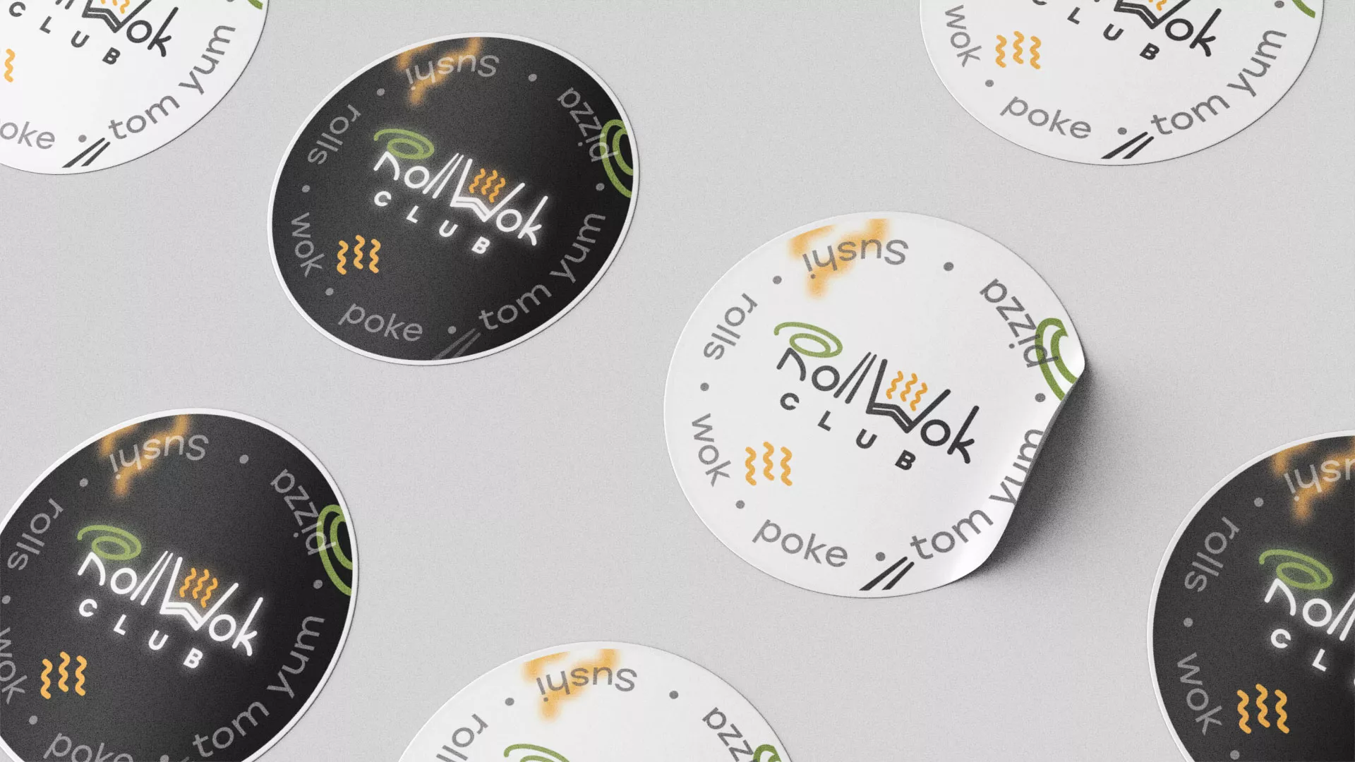 Разработка дизайна наклеек для суши-бара «Roll Wok Club» в Курске